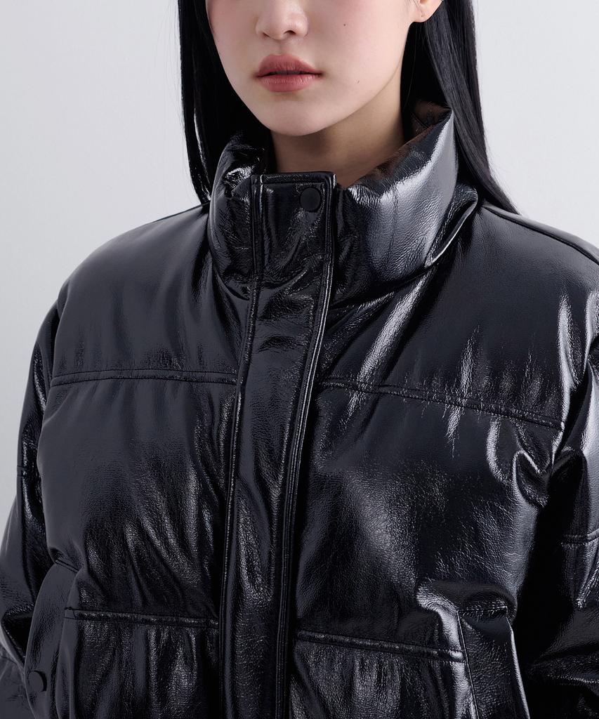 Musinsa Standard Woman Women'S Patent Synthetic Leather Puffer Short Padded Jacket [Black]