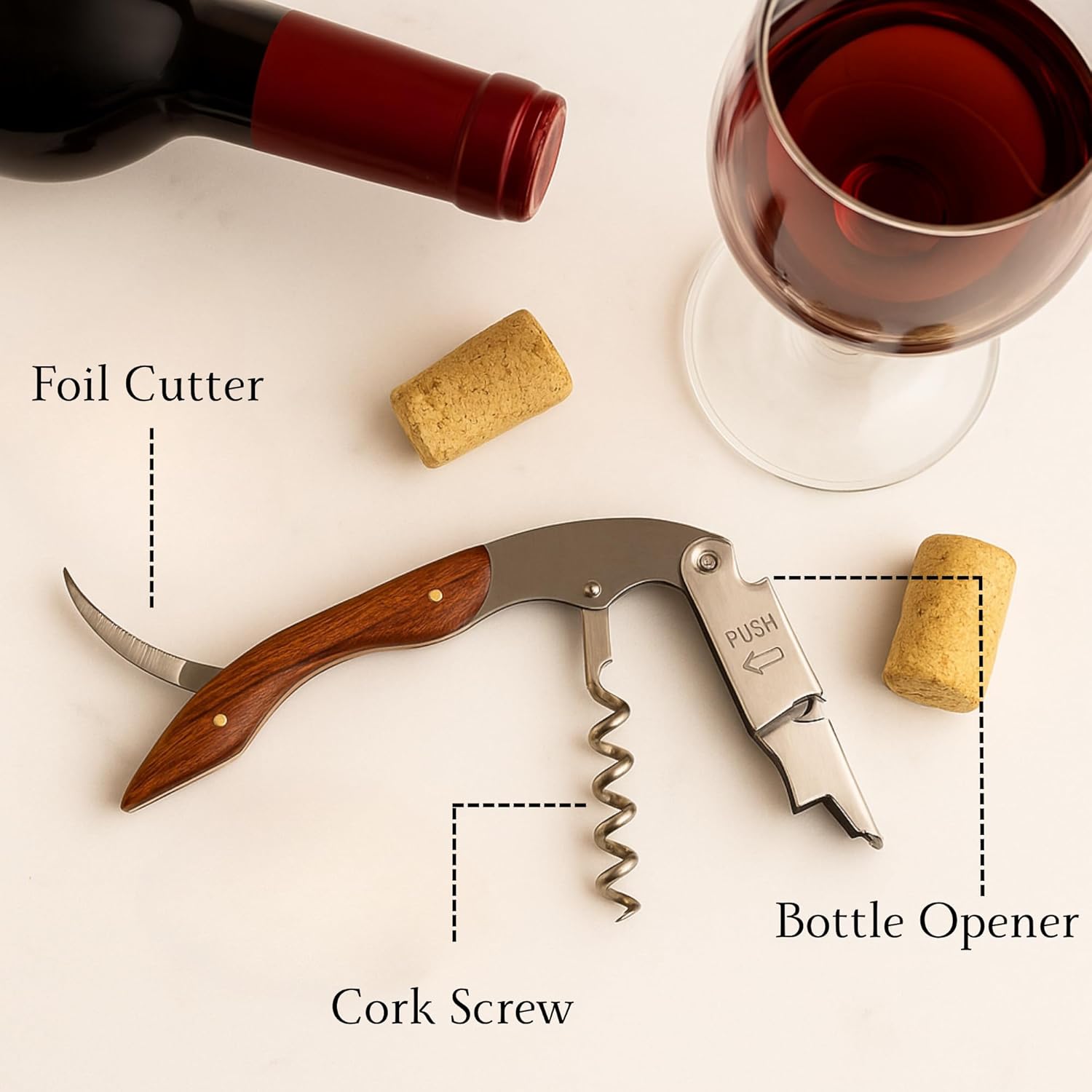 

1PC Professional Wood Corkscrews for Wine Bottles w/Foil Cutter and Cap Remover Manual Wine Key for Servers Waiters, Bartenders