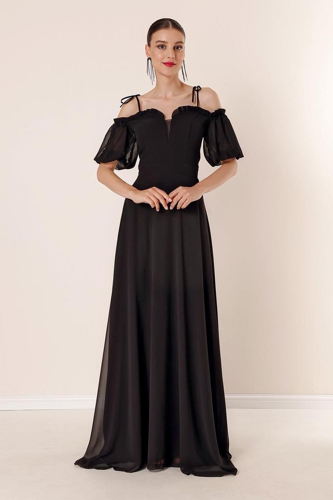 Yakası Pliseli Balon Kollu Uzun Şifon Elbise