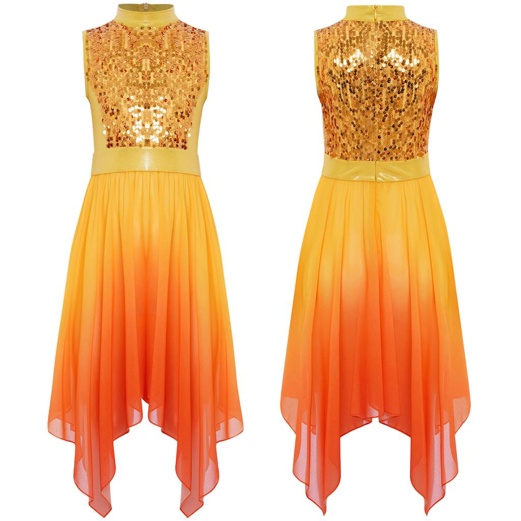 Girls Liturgical Dance Dress - Sleeveless Mock Neck Tunic with Asymmetrical Hem & Shiny Sequins for Worship Performance