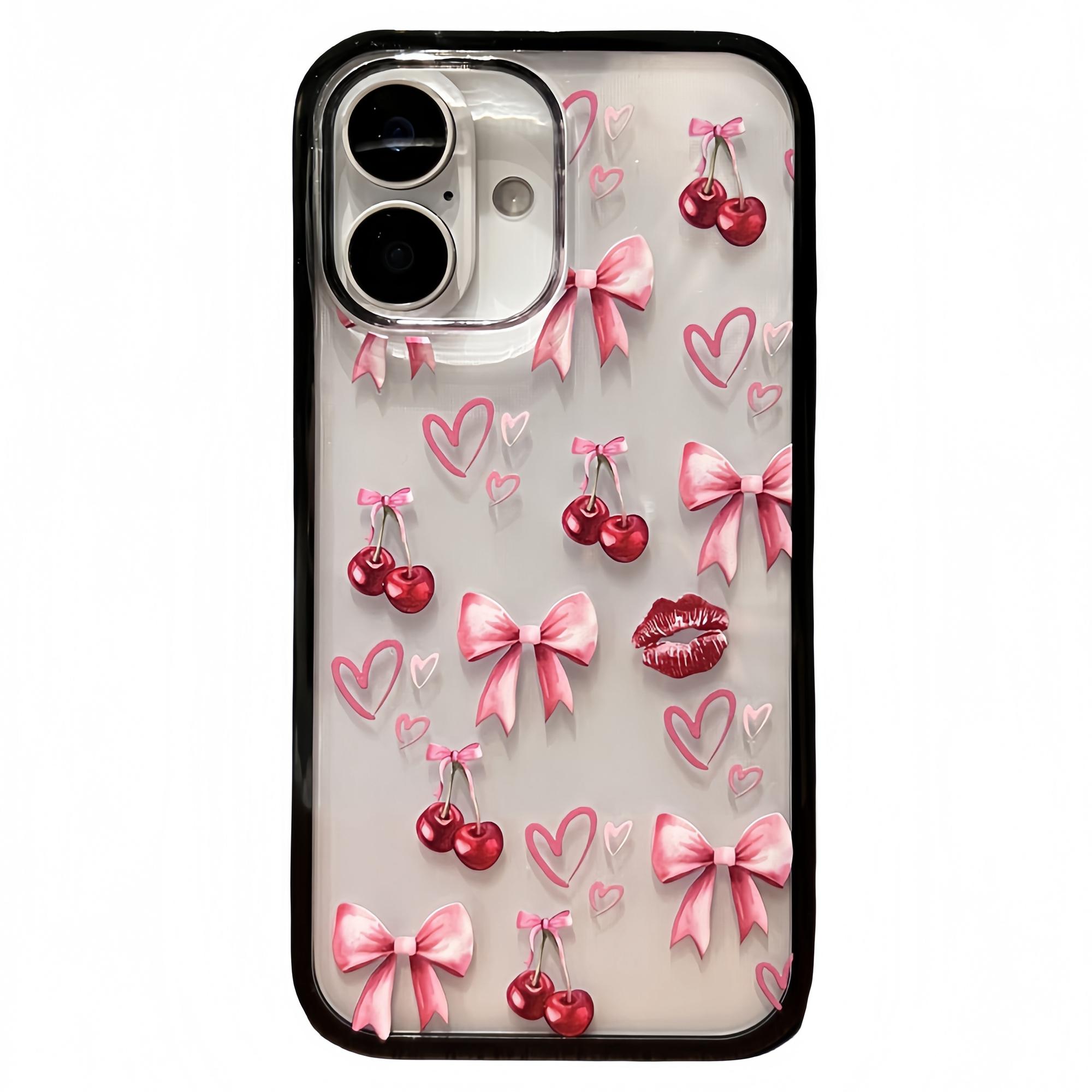

For iPhone 16 Case Bow Cherry Pattern TPU+Acrylic Phone Cover Small Cherries