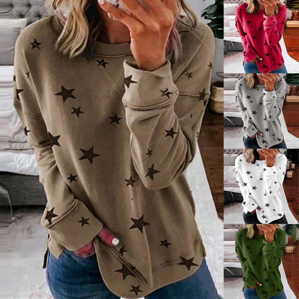 Buy Women Round Neck Long Sleeve Star Print Side Split Pullover
