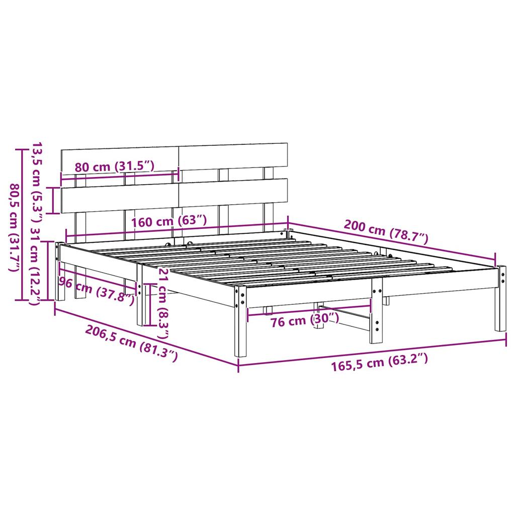 Brown Bed Frame with Headboard 160 X 200 Cm Solid Pine Wood