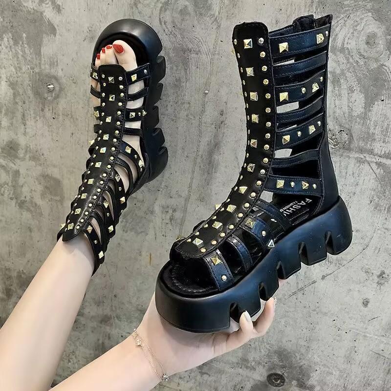 

European and American rivet muffin thick-soled sexy Roman cool boots fashionable thin Martin boots heightening hollow locomotive short boots women 40