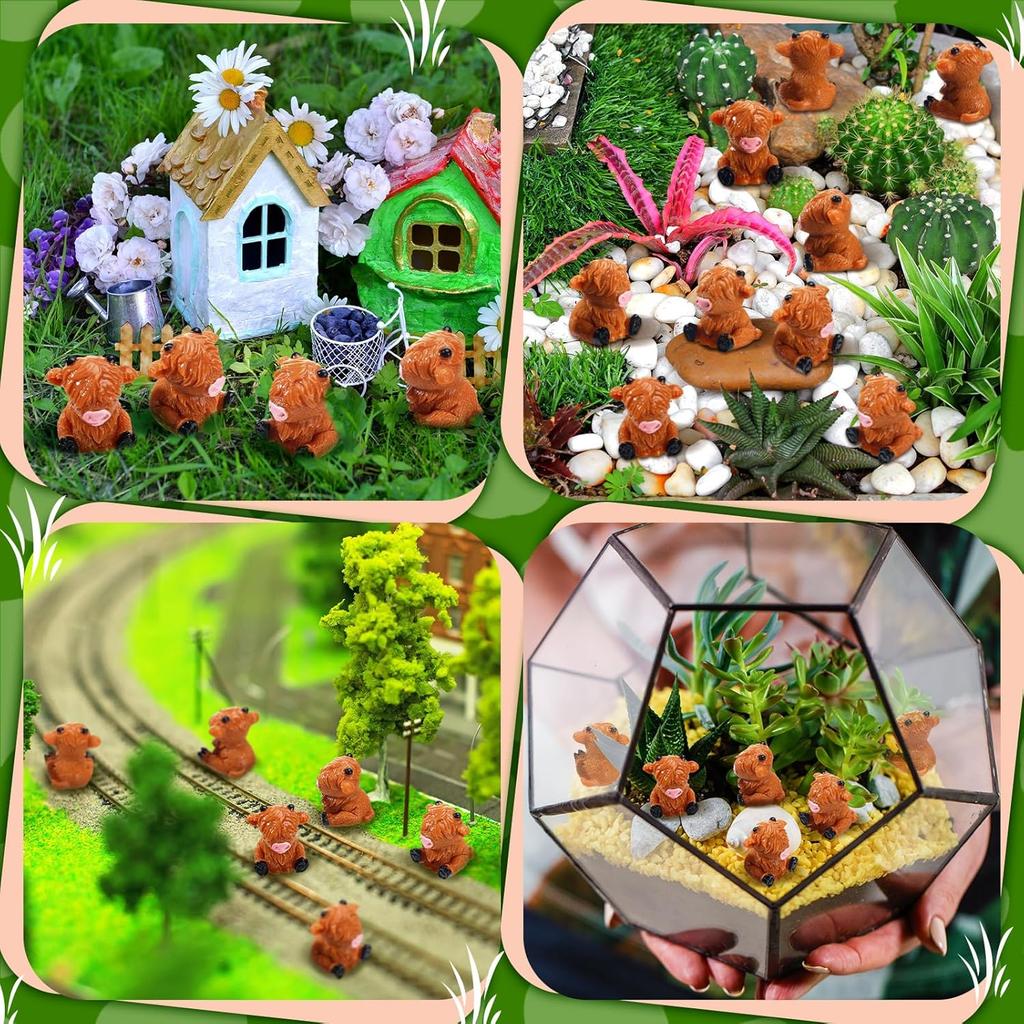 100 Pcs Mini Highland Cow Figurines Bulk Mini Cow Figurines Cake Decorations Cute Miniature Resin Sculpture Ornament Micro Landscape Office Garden