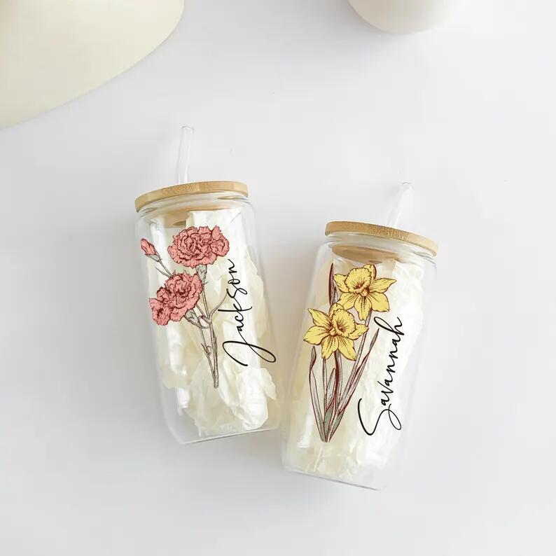 

Custom Flower Glass Tumbler Personalized Name Cup With Bamboo Lid Straw Reusable Eco-Friendly Drinking Cup Gift for Women 401-500ml