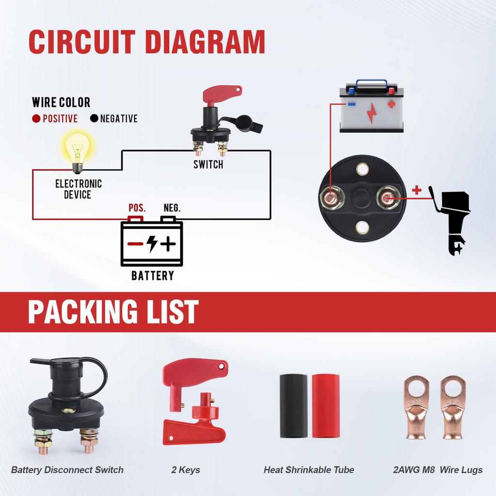 12-24V Battery Disconnect Switch 300A Battery Master Isolator Cut Off Power Kill Switch with 2 Red Key for Marine RV ATV