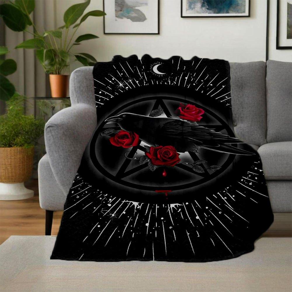 Gothic Raven & Rose Pentagram Phone WallpaperBlanket Flannel Throw Blanket for Sofa, Bed, Travel, Camping, Office, Couch, Chair, And Bed Gif