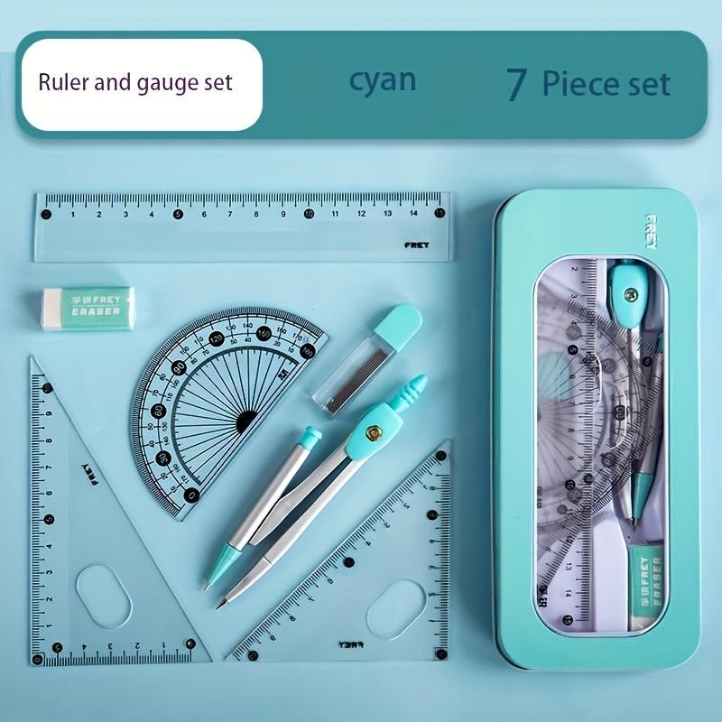 1Set of 7-In-1 Measurement And Drawing Tool Set -  Suitable for Students, Including Compasses, Protractors, Rulers And Erasers.