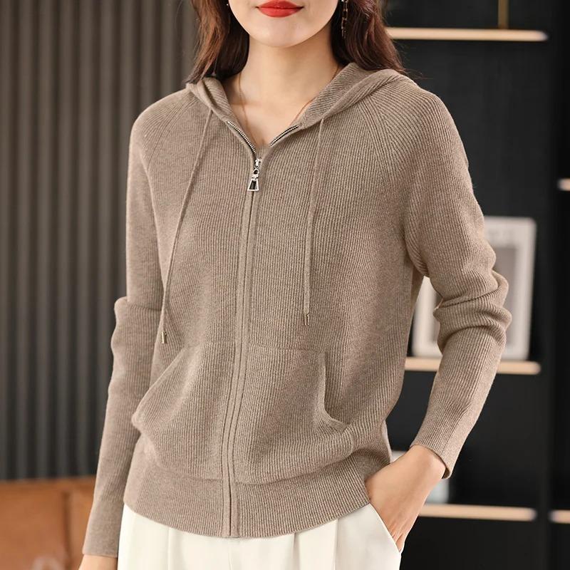Damen Herbst Winter Wollmischung Pullover Mit Kapuze Verdickt Gestrickt Reißverschluss Strickjacke Mit Tasche Basis Mantel