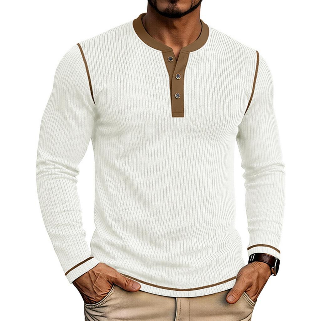 Men's Long Sleeve Henley Shirt Ribbed Knit Sweater Pullover Buttoned Collar Slim Fit Casual Top for Autumn Winter