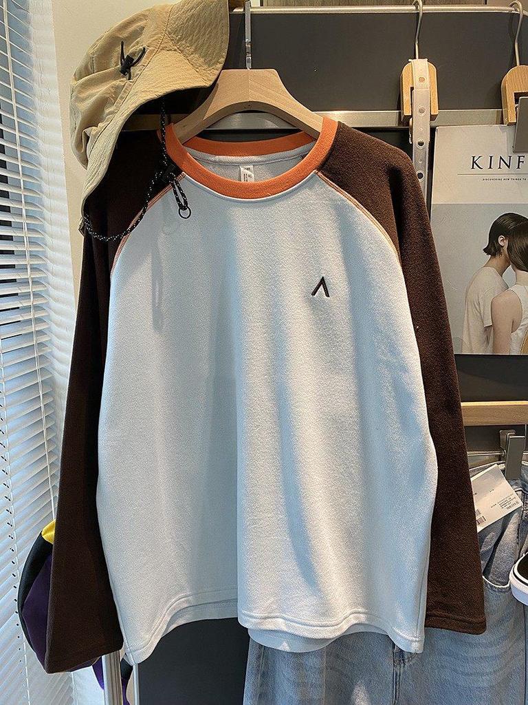 2025 Autumn/Winter Women's Dopamine Color Block Warm Plush Raglan Long Sleeve Base Layer T-shirt.