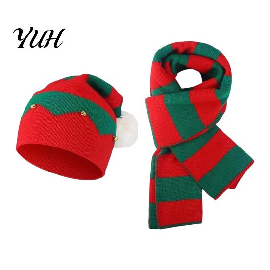 Outdoor Hiking And Travel Wear Christmas Hat Scarf Gloves Set, Knitted Xmas Elf with Jingle Bells, Three Piece Winter Set Pompom Warm for Adults,