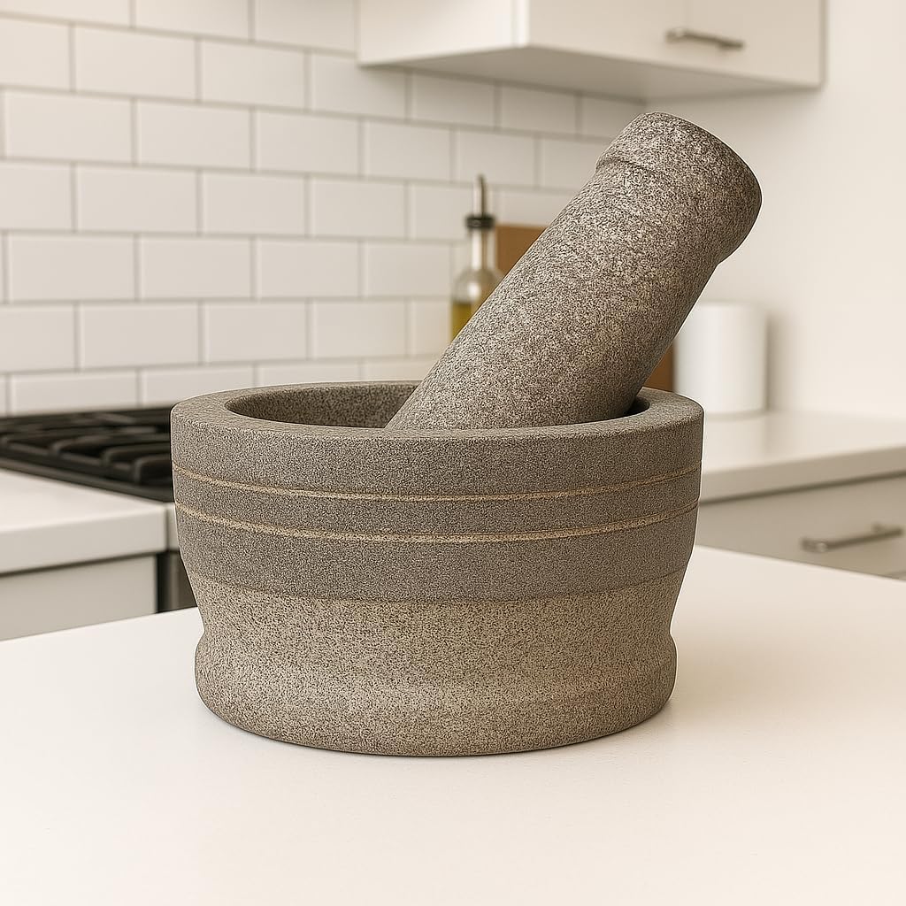 Stone Mortar and Pestle Set for Spices | Okhli Masher | Natural & Traditional Grinder, Musal, (5.5 inch) Grey