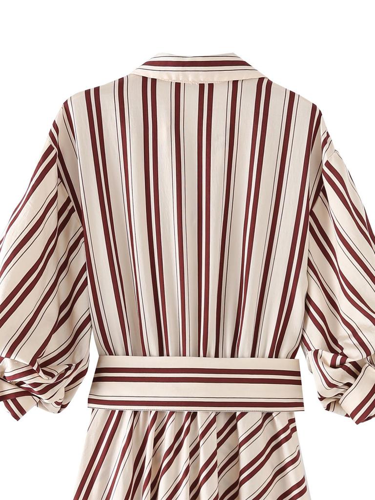 European & American Style Women's V-Neck Striped Midi Dress with Belt, Spring 2026 New Arrivals.