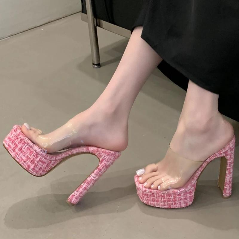 Mode Eilyken Sommer Mode Peep Toe Damen Pantoletten Designer PVC Transparent Quadratische Plateauabsätze Bankett Slide Schuhe