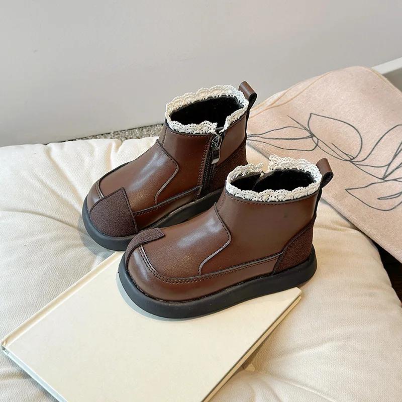 Kids Short Boots with Sweet Lace Girls Princess Boots with Cotton Non-slip 2024 Autumn Winter New Children Ankle Boots Elegant