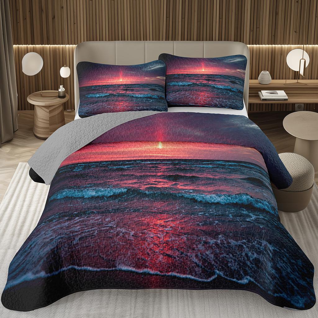Sunset Scenery Bedspread Queen/Full Natural Landscape Quilted Coverlet 2/3Pcs Reversible Grey Bedding Set for Boy Girl Room Dorm