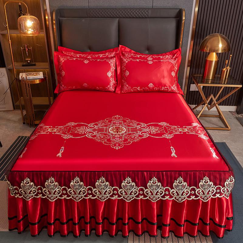 Colcha de renda luxuosa, suave e fresca, verão, grossa, saia de cama para casa + fronha, lençóis de cama bordados, estilo europeu, colchas