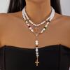Alloy Imitation Pearls Crosses Necklace Skin Friendly Designs French Vintage for Comfortable All Day Wear