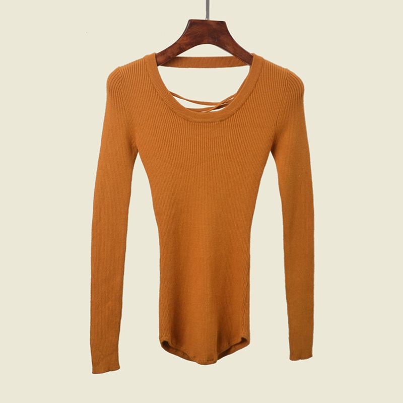 Foreign Trade Original Order Lace-up Slim fit High Elastic Knitted Bottoming Shirt Early Autumn Solid Curved Hem Backless Skin-friendly Pullover