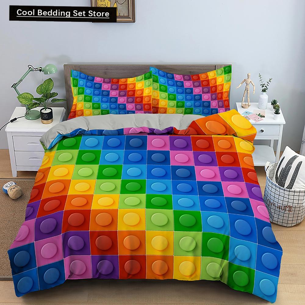 Colorful Toy King Queen Duvet Cover 3D Building Block Pattern Bedding Set Fun Brick Quilt Cover Gradient Rainbow Comforter Cover