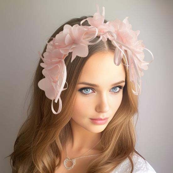 Soft Yarn Headband with Gauze Flowers Faux Pearls Decor Romantic