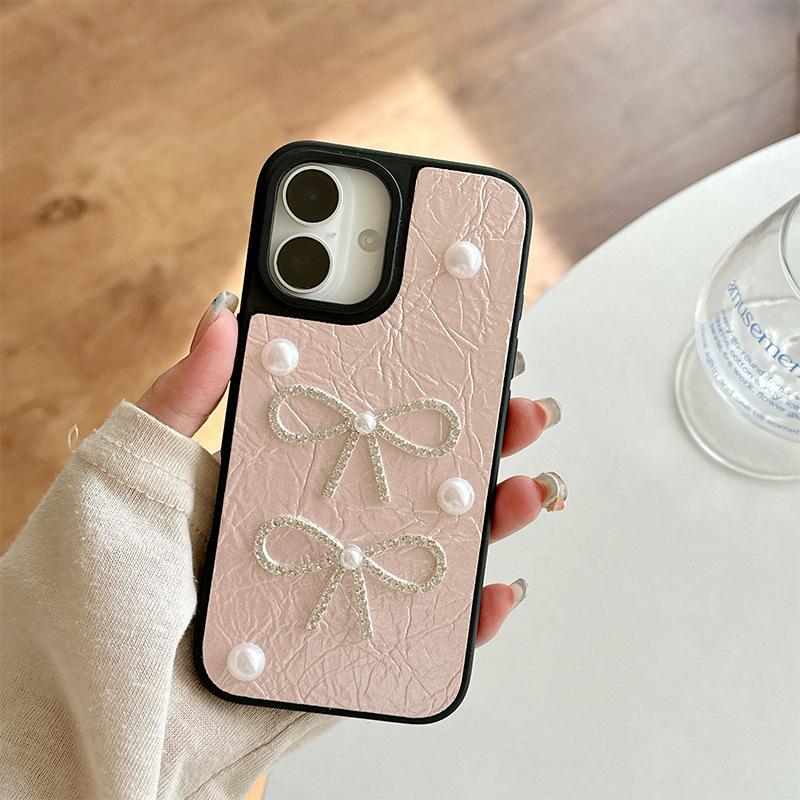 Pearl Bow Phone Case for Apple 17promax Leather Texture High Quality for IPhone16pro Protective Case