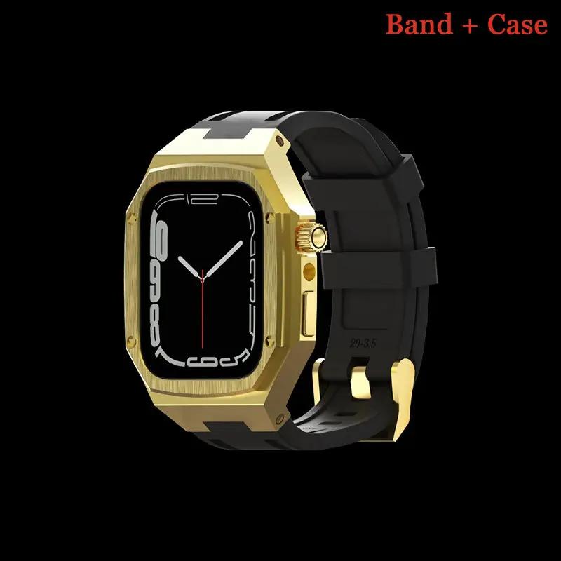 Luxury Modification Kit For Apple Watch 8 7 44mm 45mm 40mm 41mm Stainless Steel Case Rubber Sports Strap For IWatch Series 6 5 4