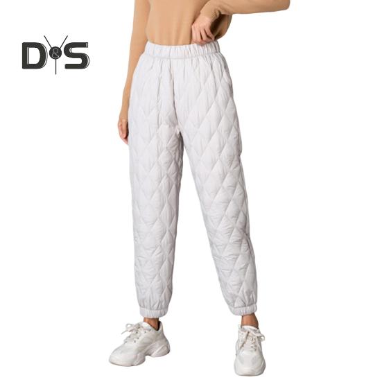 Women Winter Pants Elastic High Waist Quilted Pants Diamond-shaped Texture Design Thickened Warm Sweatpants