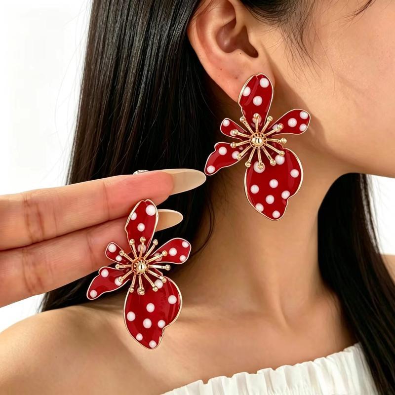 Black Flower Shaped Dangle Earrings White Faux Pearl Polka Dot Gold Tone Details For Parties Dates Daily Wear