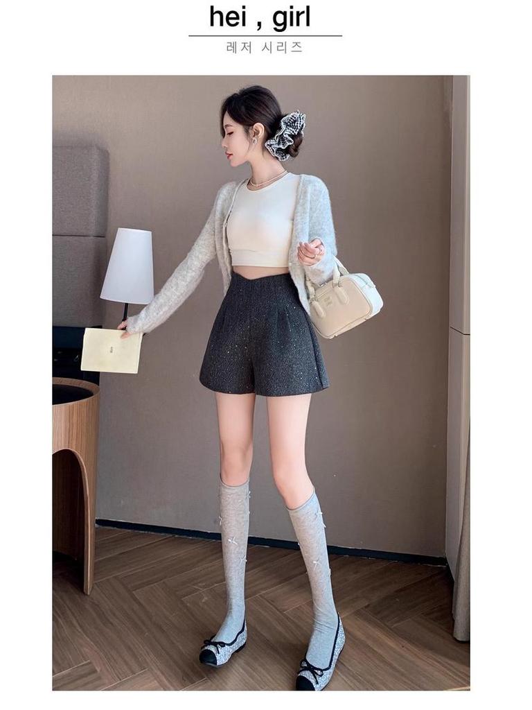 French Sparkly High-Waisted Woolen A-Line Shorts - Women's Autumn/Winter Slimming Wide-Leg Booty Pants