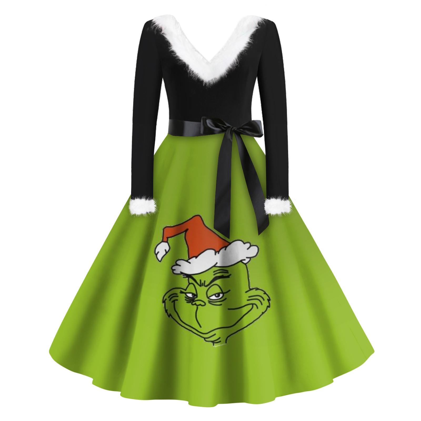 

Женская мода с v-образным вырезом, повседневные тонкие рождественские шерстяные платья с длинным рукавом с принтом XXL белый