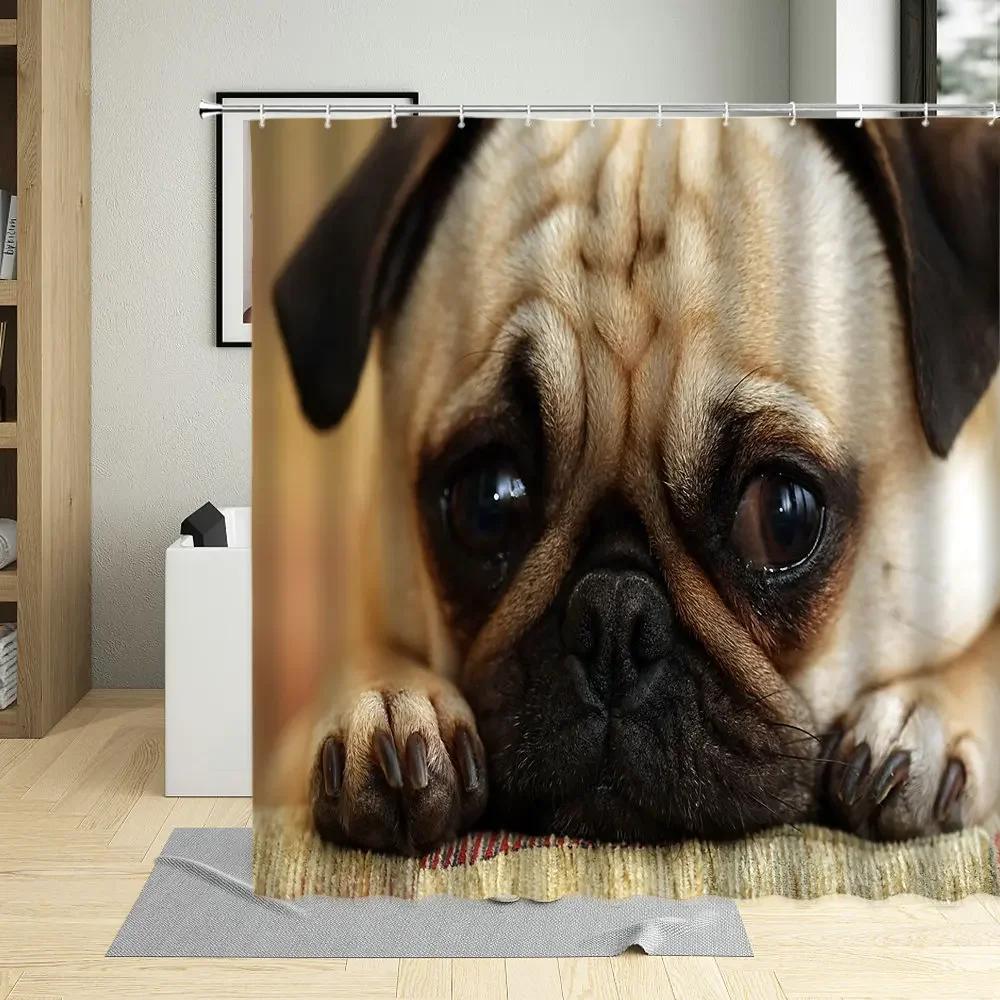 Creative Pug Funny Puppy Dog Pattern Shower Curtain Waterproof Polyester Fabric Bath Curtains Pet Shop For Home Decor With Hooks