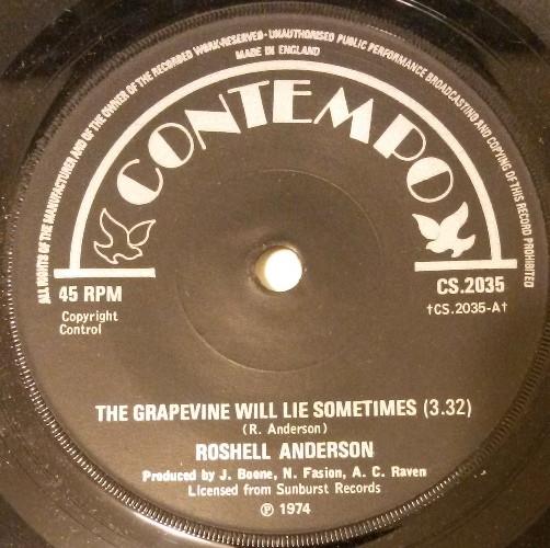 7inch Record ROSHELL ANDERSON - The Grapevine Will Lie Sometimes /  CS2035 Contempo 1974 UK Soul/Funk Used