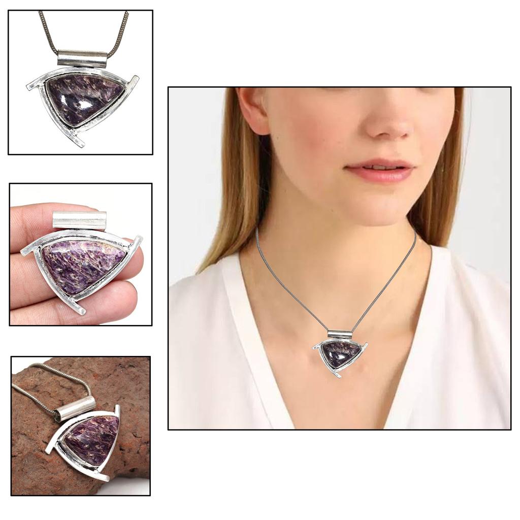 Gemstone Silver Cheroite  Pendant 2.5" Jewelry Russian Tanzanite Ethnic
