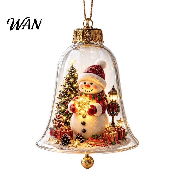 Miniature Holiday Scene Hanging Balls 3D Christmas Bell Ornament, Winter Clear Decoration with Santa Festive Window Shelf Decorations Snowman Reindeer