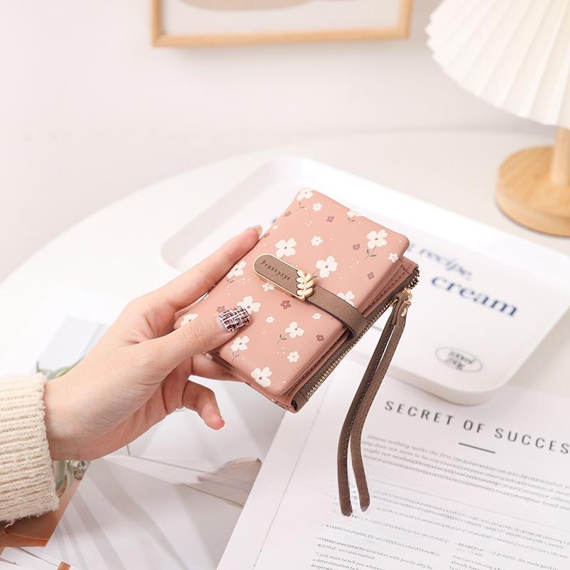 Female Wallet PU Flower Zipper Multi Card Folding Handheld Coin Student Zero Wallet