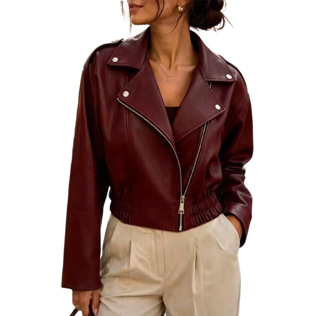 Women's Casual Short Leather Jacket with Lapel Collar and Zip Front for Daily Wear