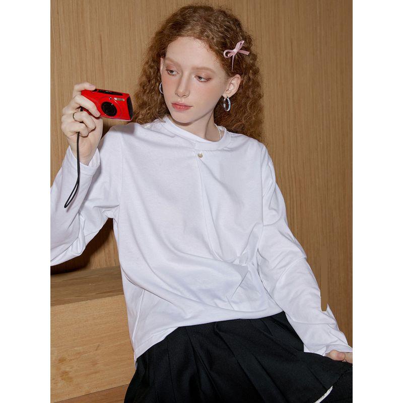 Coolhut2026 Spring and Autumn Pure Cotton Round Neck Solid Color One-Button Design Women's T-Shirt Solid Color Base Shirt