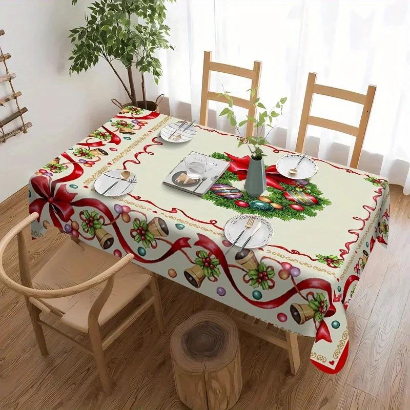 Red Bow Christmas Pine Needle Tablecloth for Winter Xmas Holiday Party Dining Room Decorations Navidad Rectangle Table Cloths