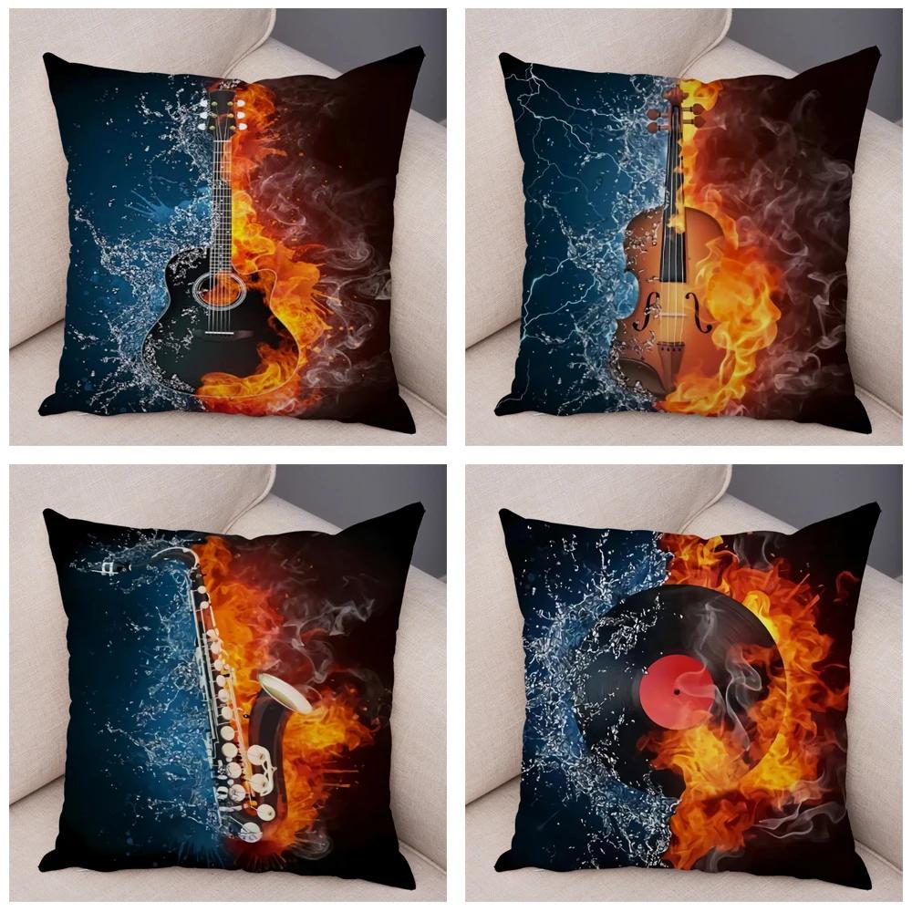 Vintage Music Note Pillowcase Decor Guitar Microphone Violin Printed Pillow Case for Home Sofa Soft Plush Cushion Cover 45x45cm