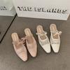 Lace square head bow high heels women's outer wear bag head half slippers niche light mouth cool slippers