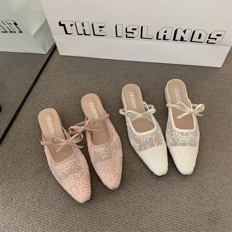 Lace square head bow high heels women's outer wear bag head half slippers niche light mouth cool slippers