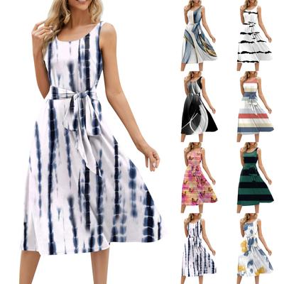 Summer Dresses For Women Beach Loose Round Neck Sleeveless Midi A-Line Swing Dress Sundresses With Pockets