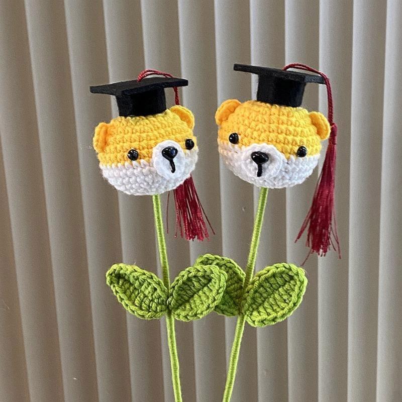 Soft Yarn Crochet Boy/Girl/Dog Flower Bouquet with Graduation Hat Academic Achievement Gift for Students and Teachers