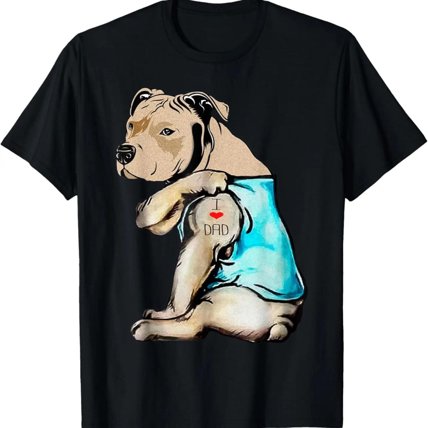 Pitbull Dog I Love Dad Tattoo Funny Family T-Shirt S