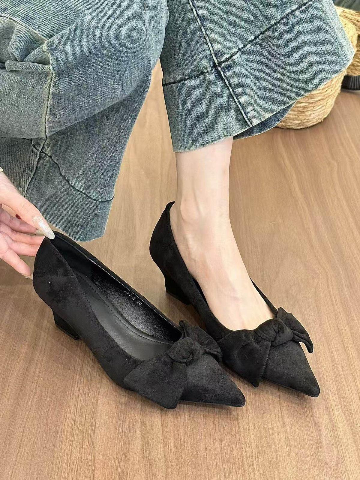 

Suede Bow Wedge Heel Single Shoes Femininity Late Night Wind Grandma Shoes Commuter Mary Jane Shoes 42 чорний