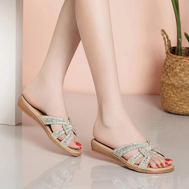 Fashion GKTINOO 2025 Summer Fashion New Sexy Casual Comfortable Slides Shoes Crystal Sandals Open Toe Flat Heel Slippers Zapatos Mujer