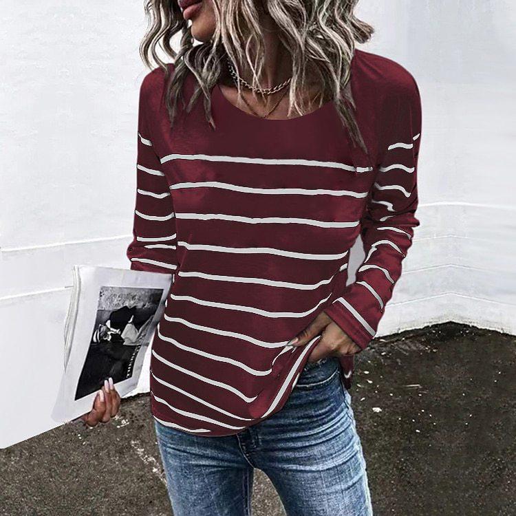 Spring and Autumn Round Neck 3D Stripe Printed Top Fashionable Casual Minimalist Long Sleeved Women's T-shirts